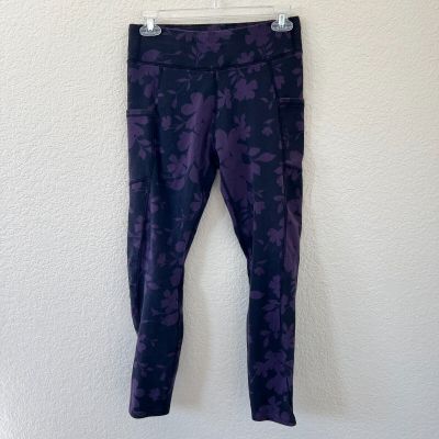 Pact Leggings Womens Black Purple Floral Pockets Organic Cotton Size Medium